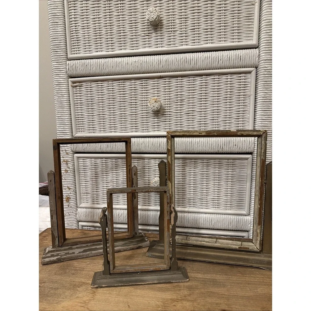 Vintage Antique Swivel Pedestal Picture Frame Set of 4 Distressed Metal Wood